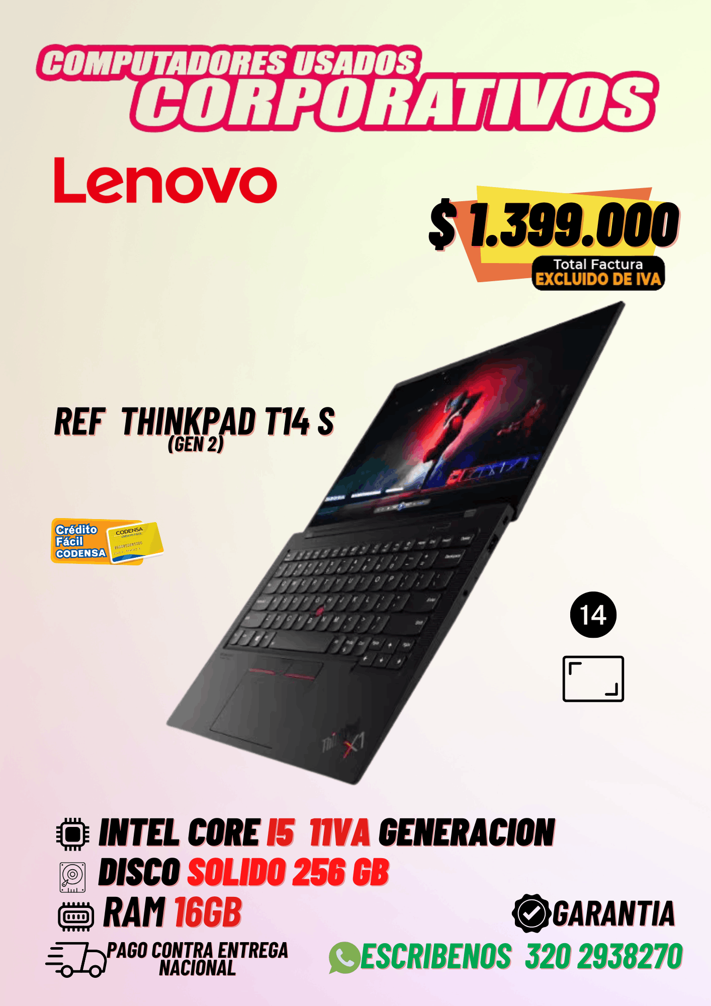 Lenovo ThinkPad T14s Gen 2 i5 11ª Gen | Portátil Corporativo Usado 16GB SSD